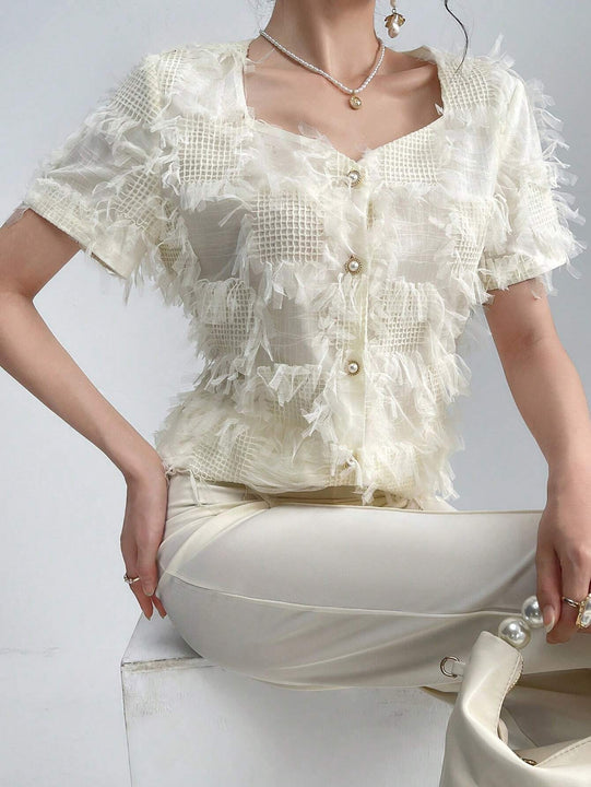 Modely Camisa elegante de verano para mujer con cuello en forma de corazon, apliques y manga corta