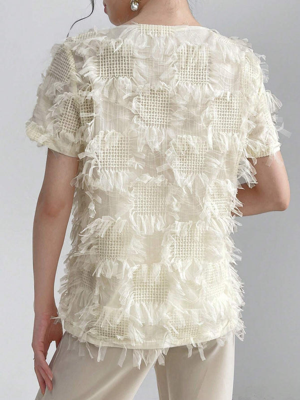 Modely Camisa elegante de verano para mujer con cuello en forma de corazon, apliques y manga corta