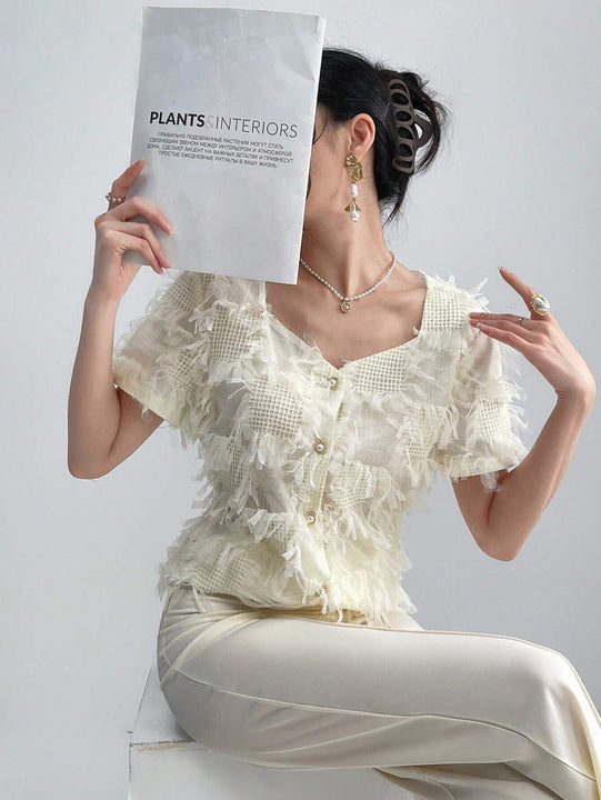 Modely Camisa elegante de verano para mujer con cuello en forma de corazon, apliques y manga corta