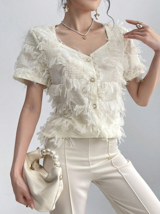 Modely Camisa elegante de verano para mujer con cuello en forma de corazon, apliques y manga corta