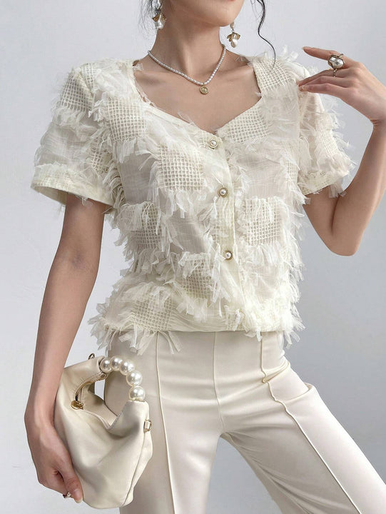 Modely Camisa elegante de verano para mujer con cuello en forma de corazon, apliques y manga corta