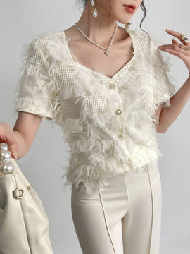 Modely Camisa elegante de verano para mujer con cuello en forma de corazon, apliques y manga corta