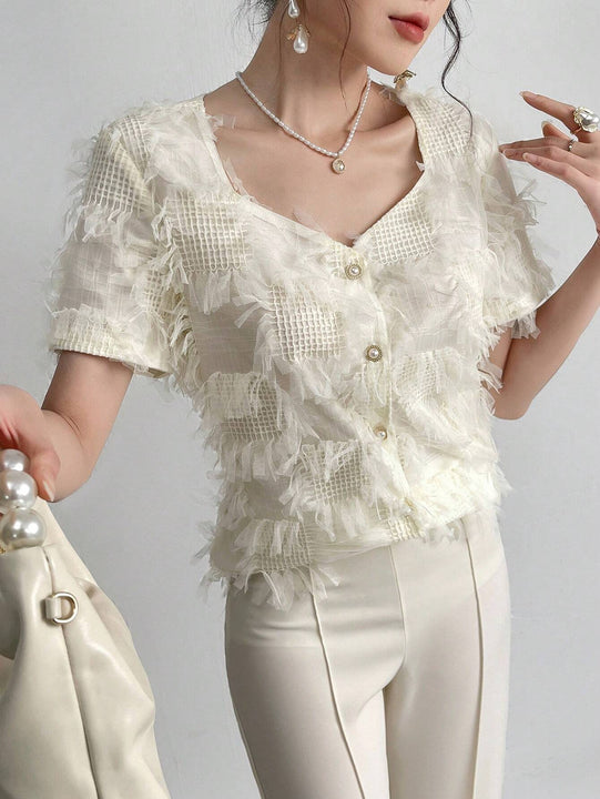 Modely Camisa elegante de verano para mujer con cuello en forma de corazon, apliques y manga corta