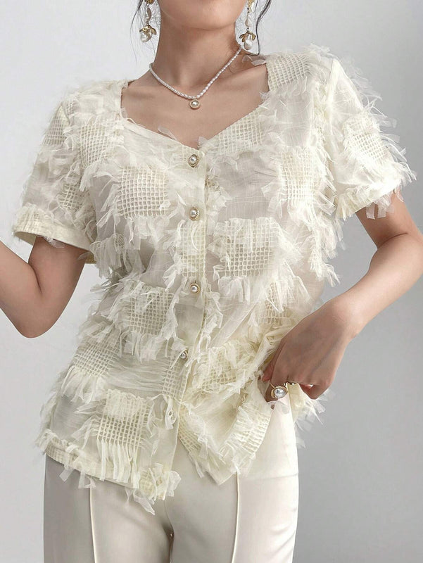 Modely Camisa elegante de verano para mujer con cuello en forma de corazon, apliques y manga corta