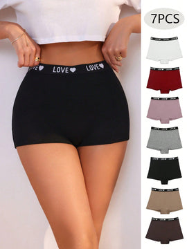 Conjunto de 7 piezas de pantaloncillos de boxeadora de cintura alta impresos con letras para mujeres