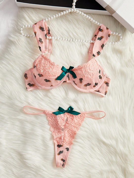 Conjunto De Sujetador Y Tanga Para Mujer Con Encaje Y Malla Y Con Aros