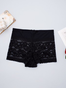 Tanga negra comoda sin costuras de encaje hueco de cintura alta y sexy para mujer, paquete de 2 piezas