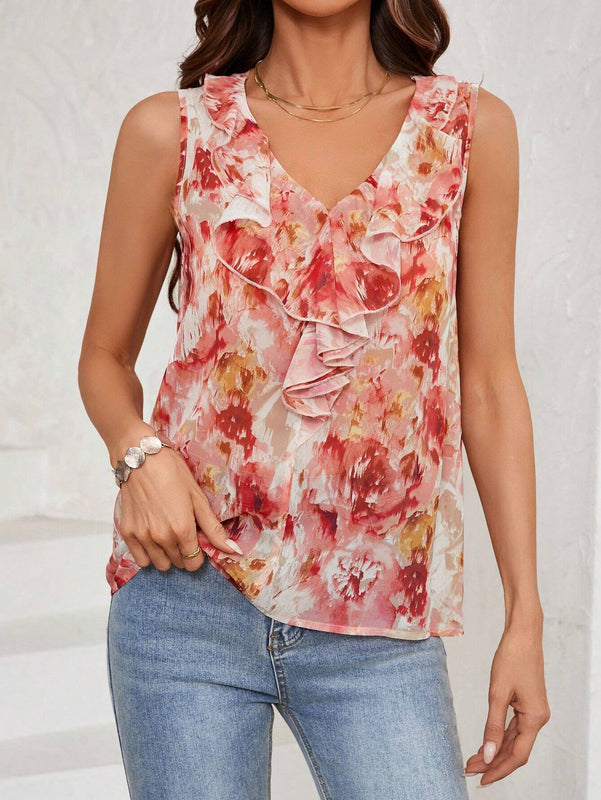 Blusa sin mangas de verano para mujer con estampado de degradado y ribete de volantes