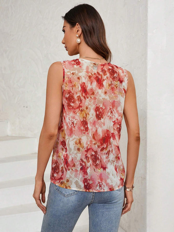 Blusa sin mangas de verano para mujer con estampado de degradado y ribete de volantes