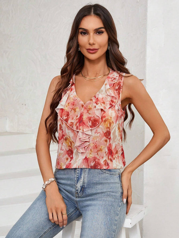 Blusa sin mangas de verano para mujer con estampado de degradado y ribete de volantes
