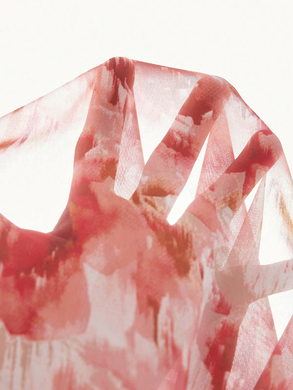 Blusa sin mangas de verano para mujer con estampado de degradado y ribete de volantes
