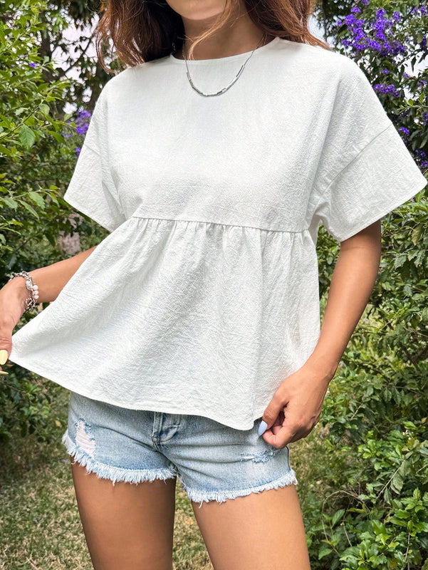 EZwear Blusa de cuello redondo con volantes y dobladillo acampanado solido