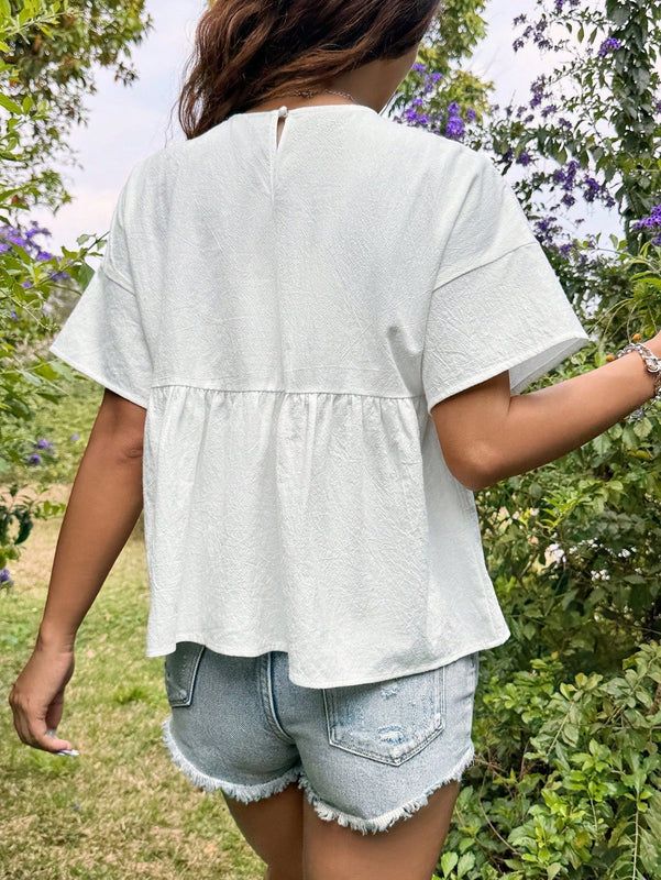 EZwear Blusa de cuello redondo con volantes y dobladillo acampanado solido
