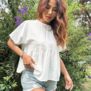 EZwear Blusa de cuello redondo con volantes y dobladillo acampanado solido