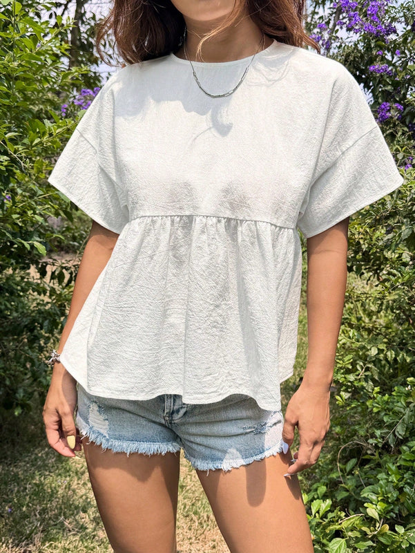 EZwear Blusa de cuello redondo con volantes y dobladillo acampanado solido