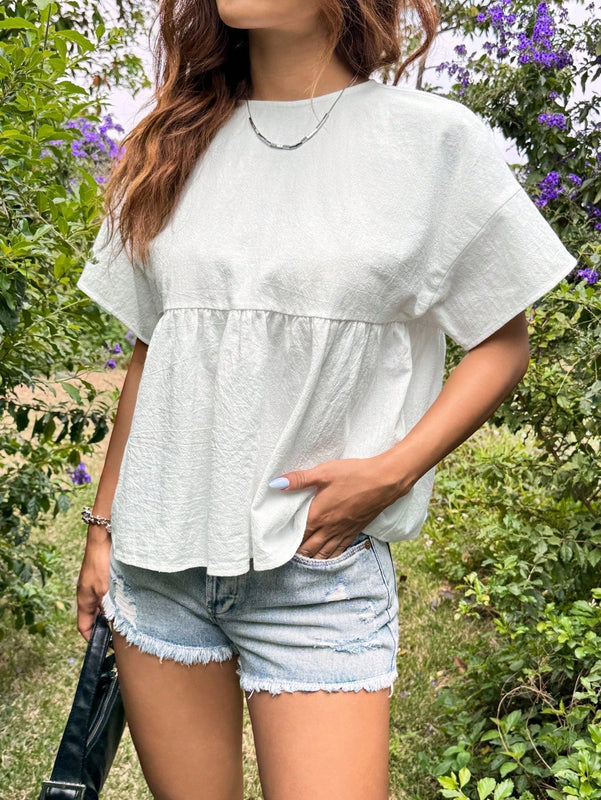 EZwear Blusa de cuello redondo con volantes y dobladillo acampanado solido