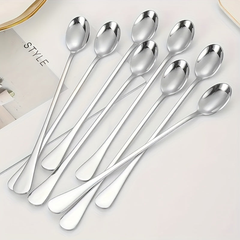 Juego de 8 cucharas de acero inoxidable con mango largo, para mezclar té, café y helado, resistentes al lavavajillas, para cocina