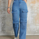 Jeans de mezclilla para mujeres con bolsillos amplios en solapa y piernas anchas