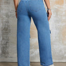 Jeans de mezclilla para mujeres con bolsillos amplios en solapa y piernas anchas