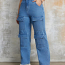 Jeans de mezclilla para mujeres con bolsillos amplios en solapa y piernas anchas