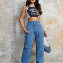 Jeans de mezclilla para mujeres con bolsillos amplios en solapa y piernas anchas