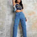 Jeans de mezclilla para mujeres con bolsillos amplios en solapa y piernas anchas
