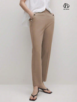 BIZwear Pantalones casuales rectos de unicolor para mujer con bolsillos