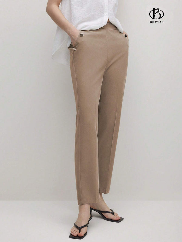 BIZwear Pantalones casuales rectos de unicolor para mujer con bolsillos