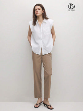 BIZwear Pantalones casuales rectos de unicolor para mujer con bolsillos
