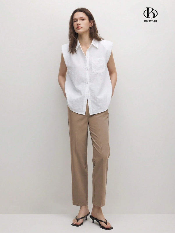 BIZwear Pantalones casuales rectos de unicolor para mujer con bolsillos