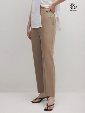 BIZwear Pantalones casuales rectos de unicolor para mujer con bolsillos