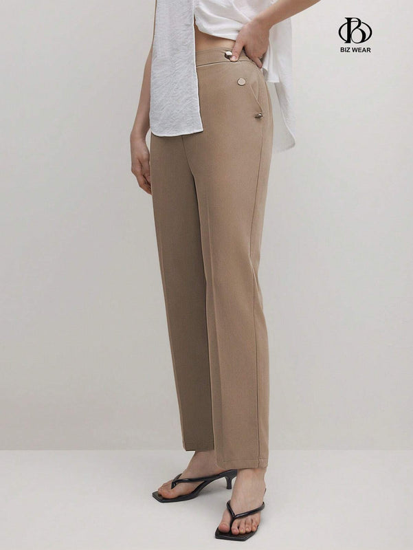 BIZwear Pantalones casuales rectos de unicolor para mujer con bolsillos