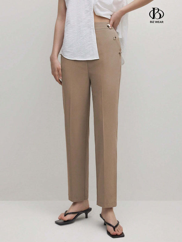 BIZwear Pantalones casuales rectos de unicolor para mujer con bolsillos