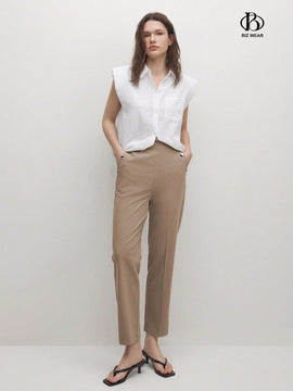 BIZwear Pantalones casuales rectos de unicolor para mujer con bolsillos
