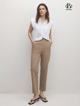 BIZwear Pantalones casuales rectos de unicolor para mujer con bolsillos