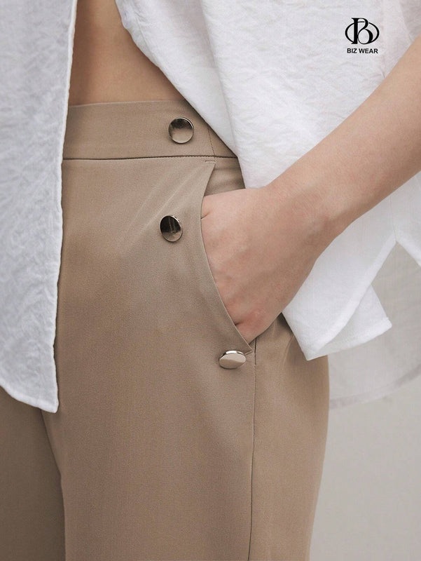 BIZwear Pantalones casuales rectos de unicolor para mujer con bolsillos