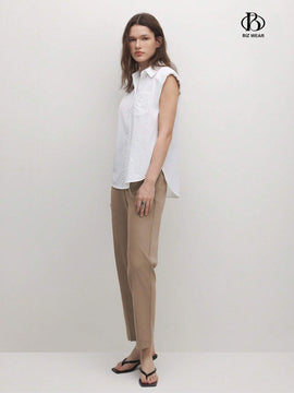 BIZwear Pantalones casuales rectos de unicolor para mujer con bolsillos