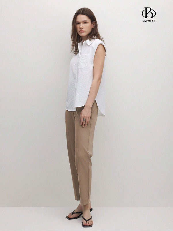BIZwear Pantalones casuales rectos de unicolor para mujer con bolsillos