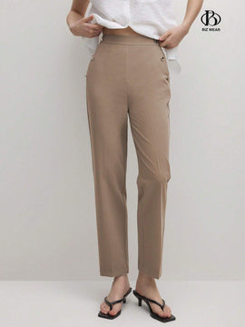BIZwear Pantalones casuales rectos de unicolor para mujer con bolsillos