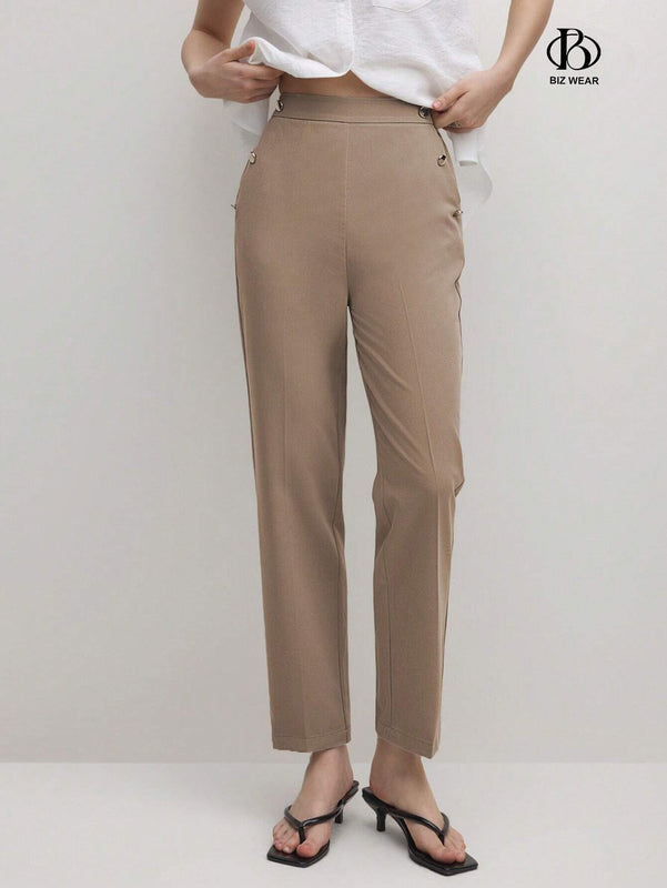 BIZwear Pantalones casuales rectos de unicolor para mujer con bolsillos
