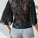 LUNE Camisa de manga acampanada pleatada de parche de encaje transparente de unicolor para primavera y verano