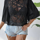 LUNE Camisa de manga acampanada pleatada de parche de encaje transparente de unicolor para primavera y verano