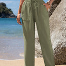 Emery rose pantalones largos casuales rectos y sueltos con cintura elastica, bolsillos y estampado de tenido anudado para mujer