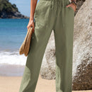 Emery rose pantalones largos casuales rectos y sueltos con cintura elastica, bolsillos y estampado de tenido anudado para mujer
