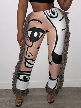 Slayr Nuevos pantalones casuales de moda para mujer con ajuste estrecho y flecos impresos con pinturas al oleo para usar en la calle en el 2024