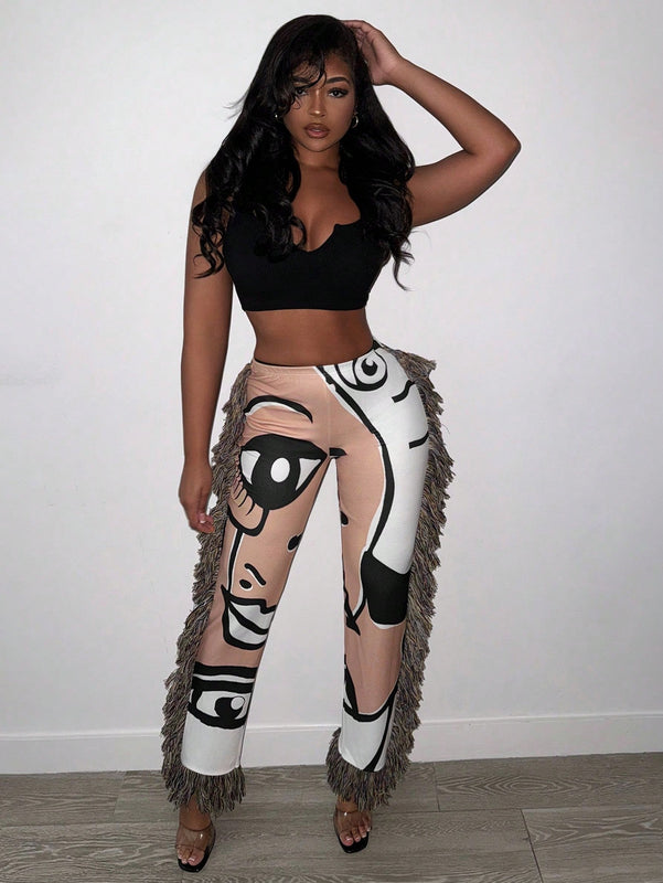 Slayr Nuevos pantalones casuales de moda para mujer con ajuste estrecho y flecos impresos con pinturas al oleo para usar en la calle en el 2024