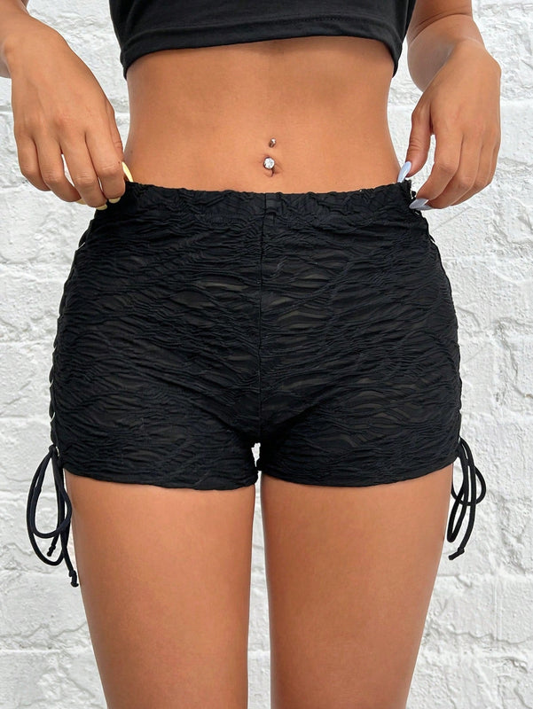 PETITE Shorts negros de encaje jacquard con cordones laterales para mujer