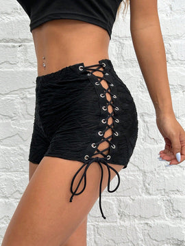 PETITE Shorts negros de encaje jacquard con cordones laterales para mujer