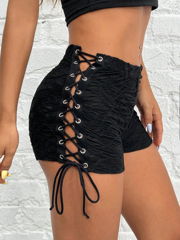PETITE Shorts negros de encaje jacquard con cordones laterales para mujer