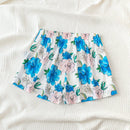 WYWH Pantalones cortos de linea A con cintura elastica en azul y blanco, impresos con flores en estilo romantico de campo veraniego para mujer con bolsillos laterales
